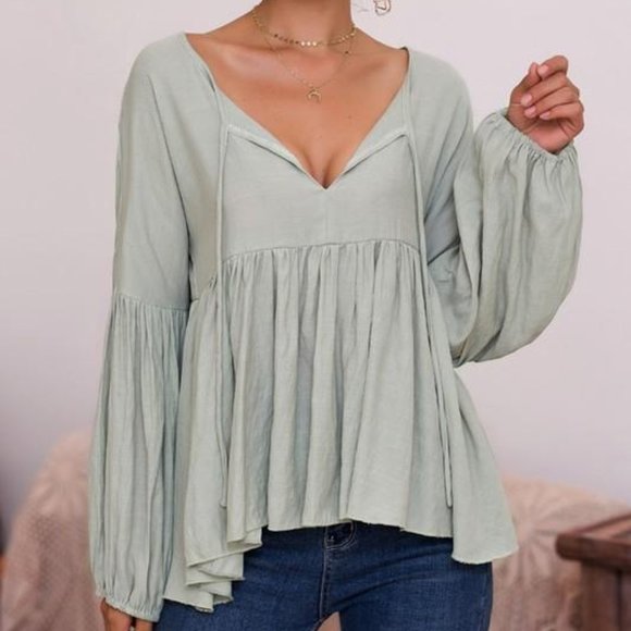 Boho Hippy Babydoll Blouse Longsleeve - Picture 1 of 3